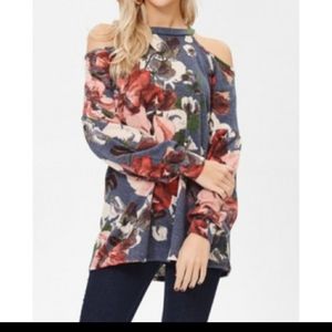 Floral cold shoulder long sleeve fashion top